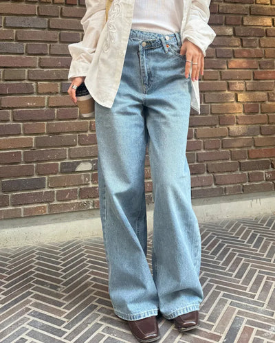 Asymmetrical wide-leg denim pants