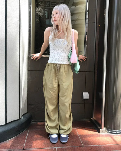 Side-shirred nylon pants