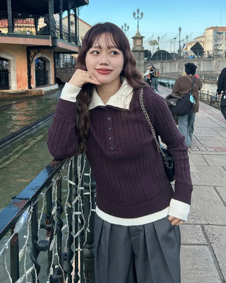 High-neck layered button knit
