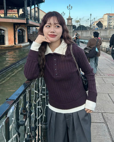 High-neck layered button knit