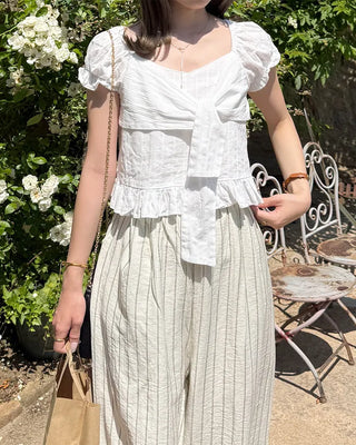 Bust strap ribbon puff frill blouse