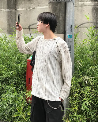Striped button-up long-sleeved T-shirt