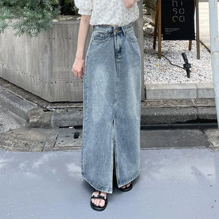 Front slit denim long skirt