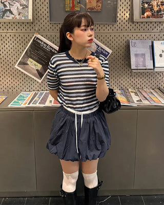 Wave Rib Border Half Sleeve Knit