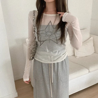 Printed sheer long-sleeved T-shirt