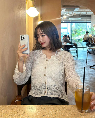V-neck lace sheer cardigan