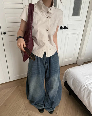 Cap-sleeve button-up high-neck blouse