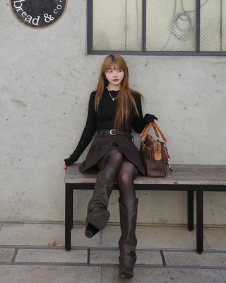 See-through frill neck long-sleeve T-shirt