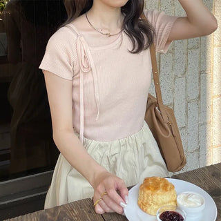 Asymmetrical Ribbon Short-Sleeve Knit
