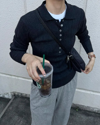 Button-up polo collar knit sweater