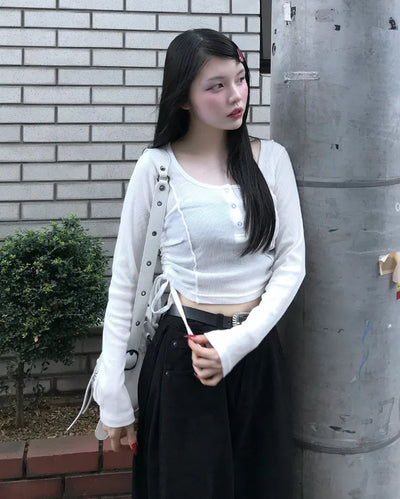 Jewel Neck Drawstring Crop T-Shirt