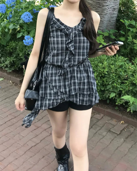 V-neck checkered ruffle camisole