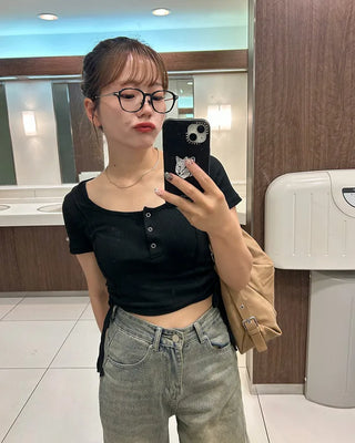 Side Shirring Button Half Sleeve T-Shirt