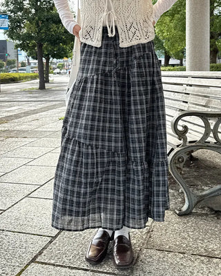 Checked Shirred Long Skirt