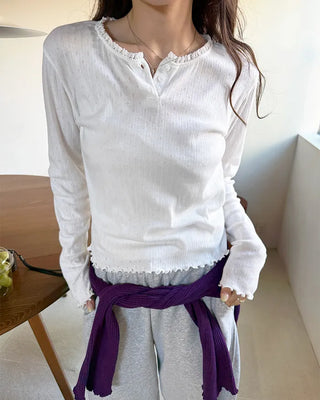 Half-button frill ribbed long T-shirt