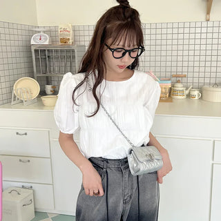 Pleated short-sleeved blouse