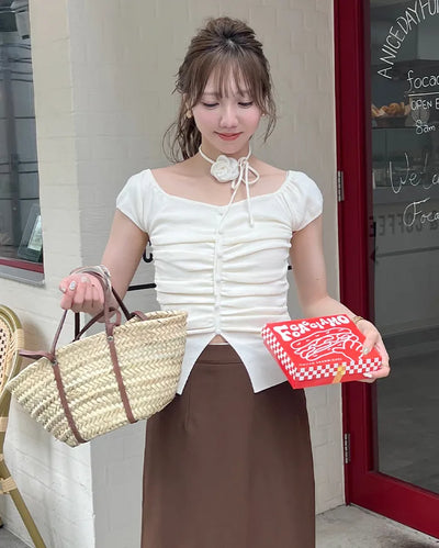Flower Strap Heart Neck Shirring Short Sleeve T-Shirt