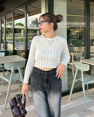 Ribbed Shirring See-Through T-Shirt