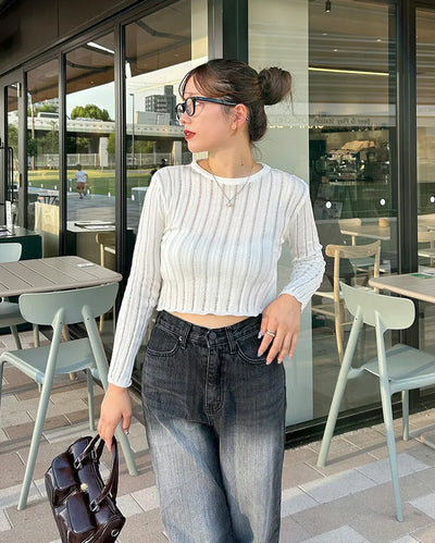 Ribbed Shirring See-Through T-Shirt