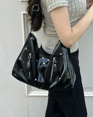 Multi-zip studded shoulder bag