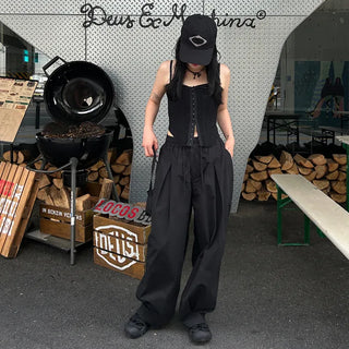 Unisex wide-leg elastic waist pants with two pleats