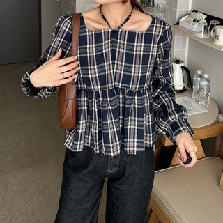2-way check peplum blouse
