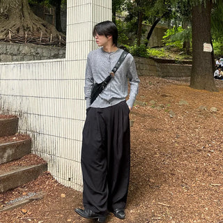 Cotton pleated wide slacks
