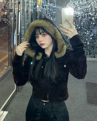 Velvet fur hooded cardigan