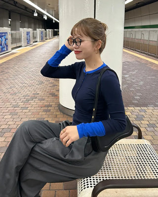 Color-layered button-up long-sleeve T-shirt