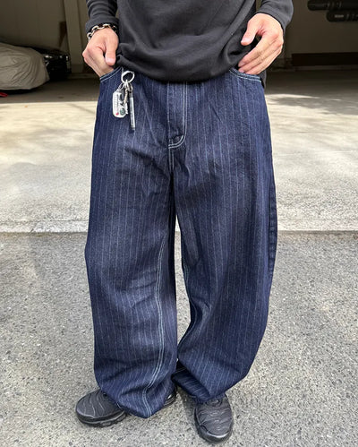 Striped balloon denim pants