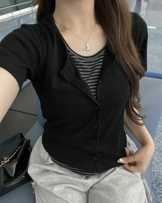 Striped layered short-sleeved cardigan