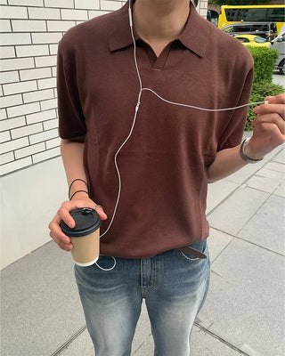 Tencel open-collar short-sleeve knit t-shirt