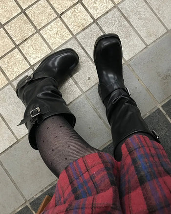 Buckle Shirring Mid-Calf Boots