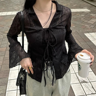 Lace sheer color cardigan