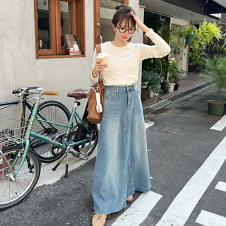 Flared long denim skirt