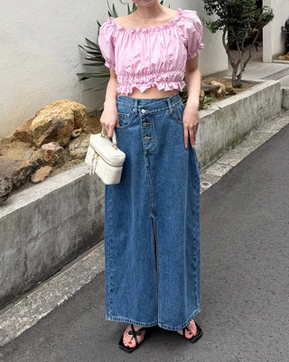Asymmetrical 3-button denim long skirt