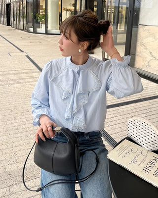 Lace Ribbon Henley Neck Blouse