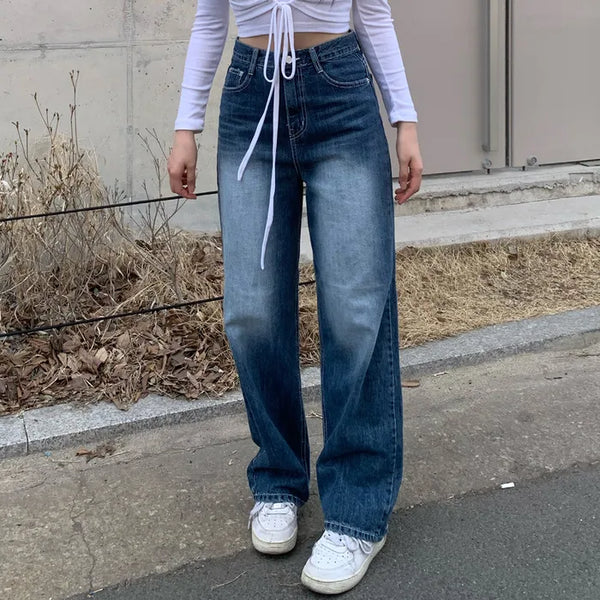 High-waisted washed denim wide-leg pants