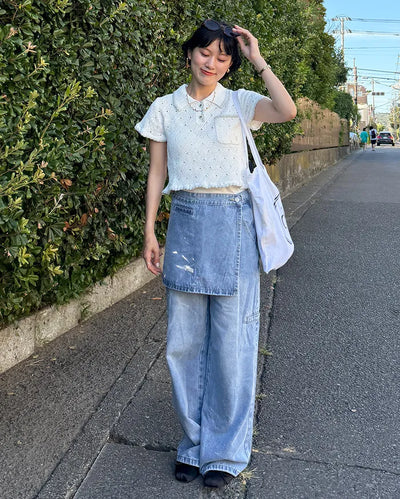 Washed wrap wide denim