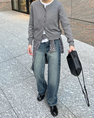 Washed straight denim pants