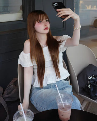 Smoked Frill Off-Shoulder Blouse