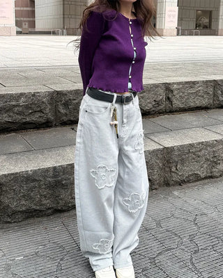 Flower embroidered wide-leg pants