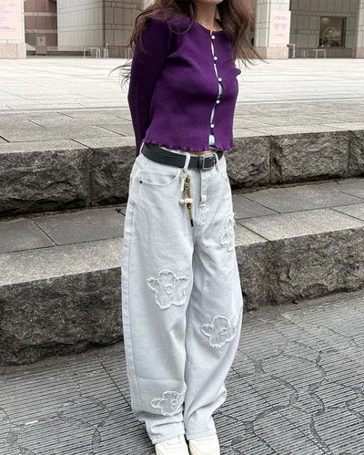 Flower embroidered wide-leg pants