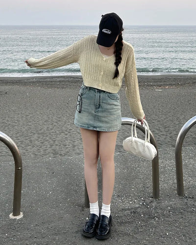 Washed denim mini skirt