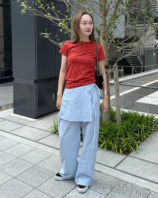 Striped layered wrap skirt set with banding pants