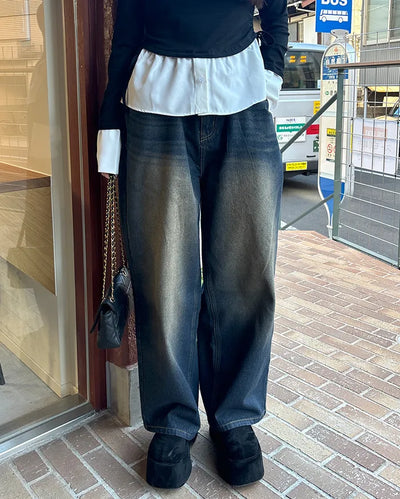 Vintage Wash Wide Fit Denim Pants