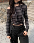 [Scarf Set] Striped Border Off-Shoulder T-Shirt