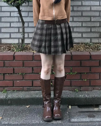 Square belt check pleated mini skirt