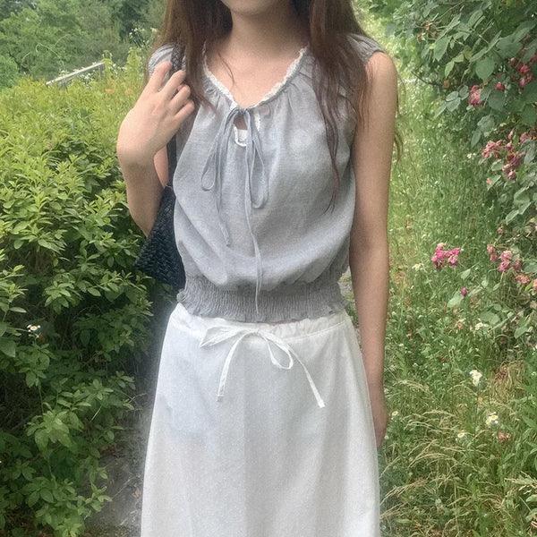 Shirred Ribbon Sleeveless Blouse