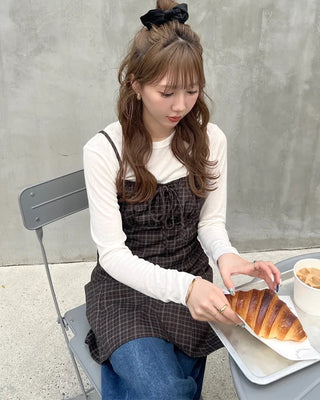 Shirred check sleeveless mini dress